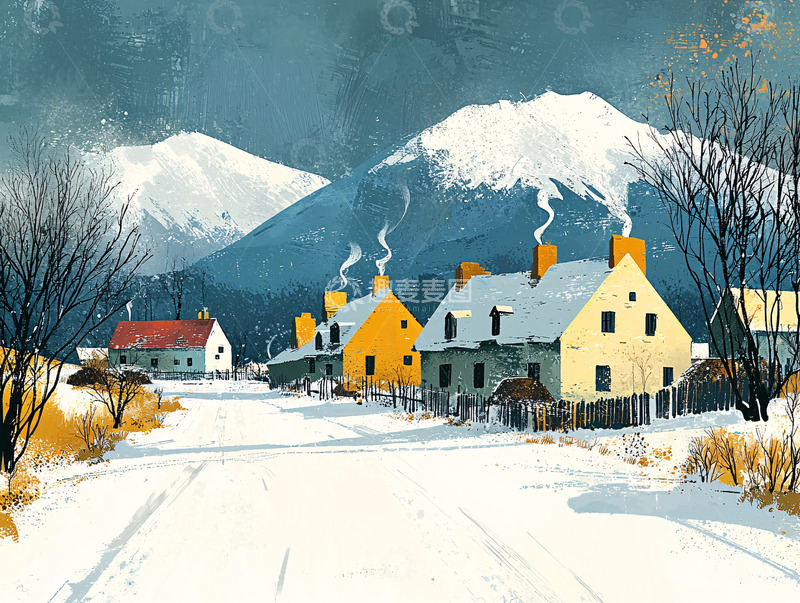高清大图下载【趣麦麦图】-冬季雪景乡村房屋