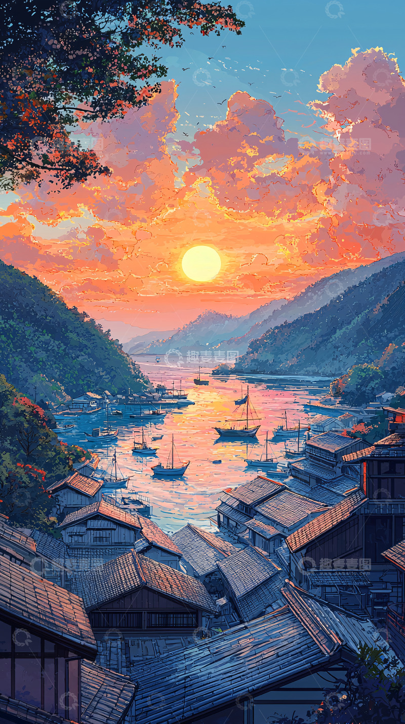 高清大图下载【趣麦麦图】夕阳下的宁静港湾