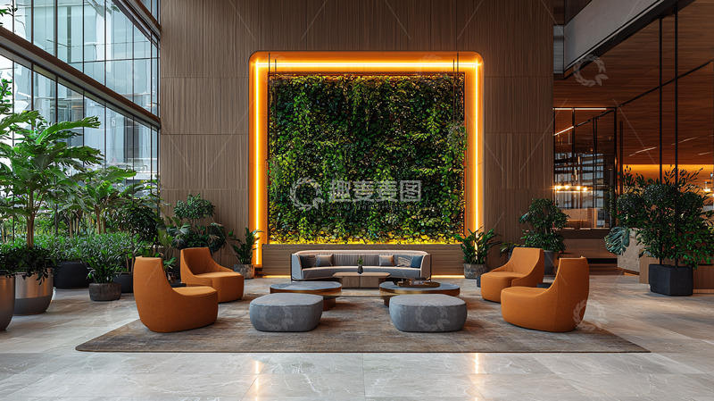高清大图下载【趣麦麦图】现代酒店大堂绿植背景墙