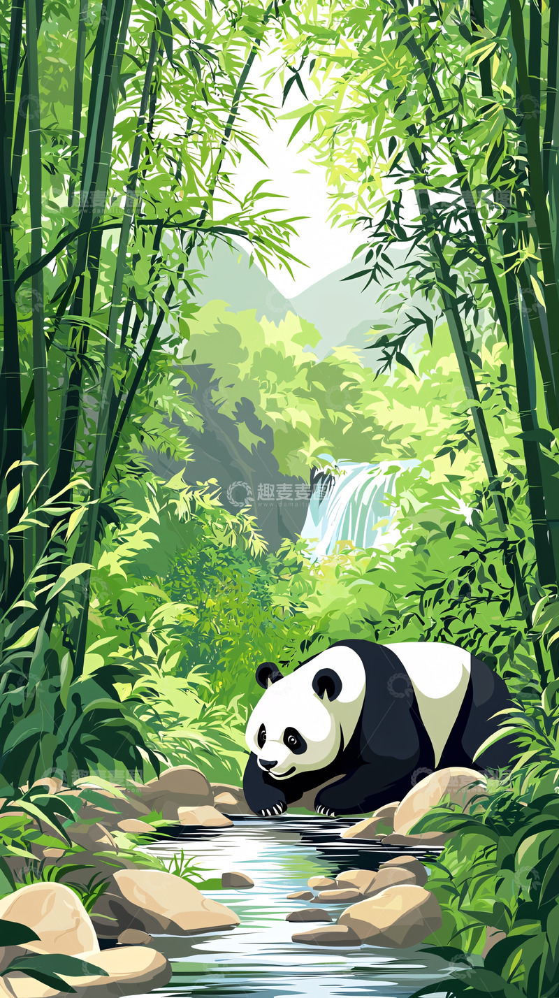 高清大图下载【趣麦麦图】熊猫竹林溪流