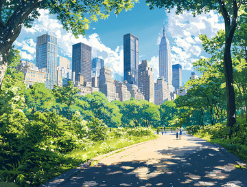 公园绿树环绕城市风景