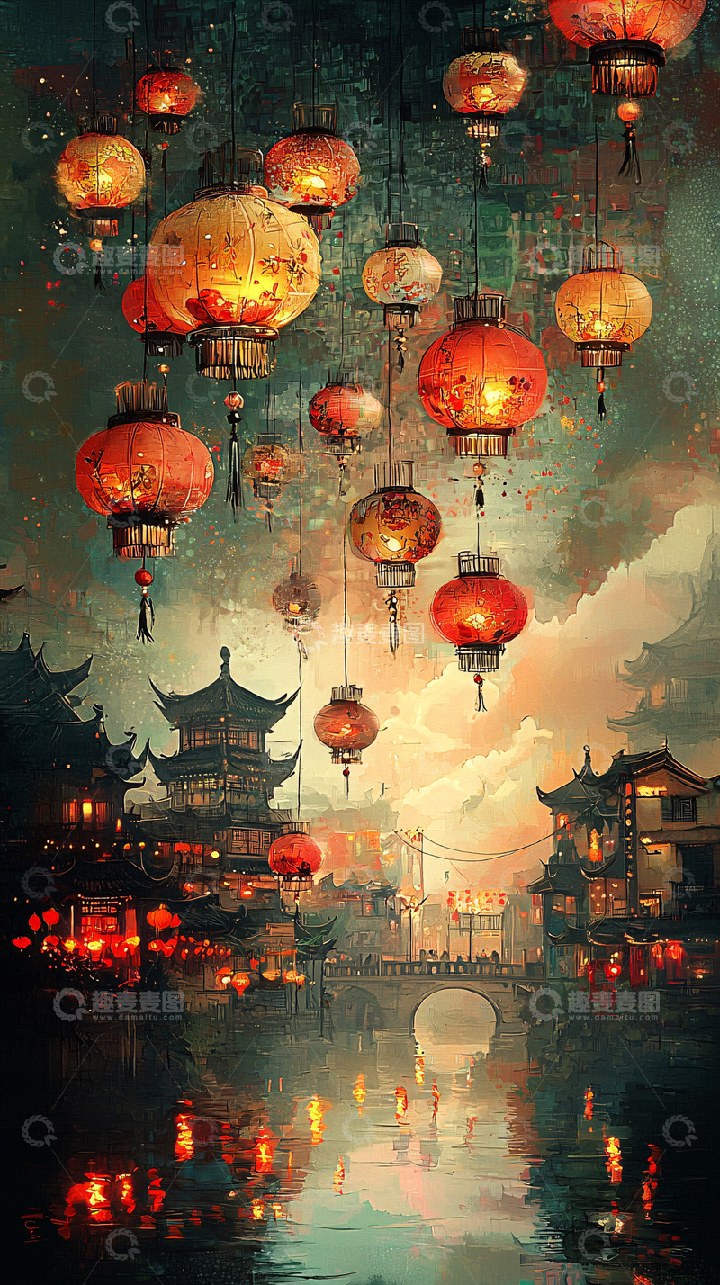 高清大图下载【趣麦麦图】夜空中飞舞的中国灯笼