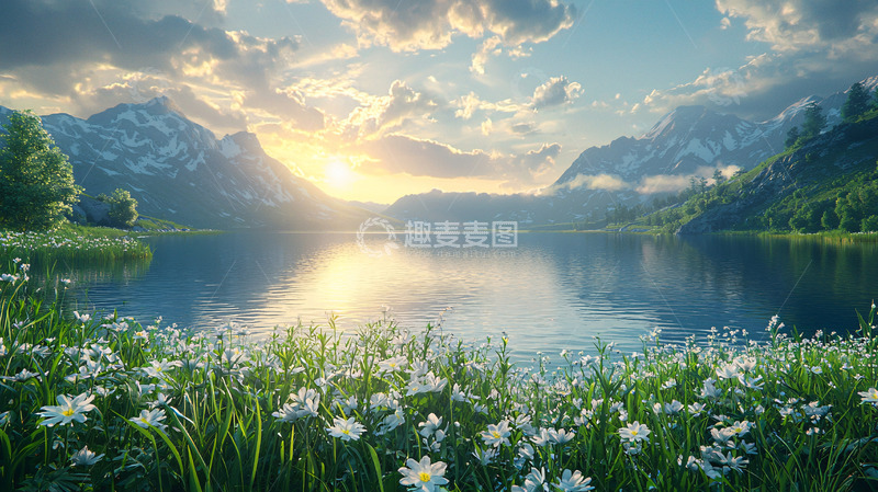 高清大图下载【趣麦麦图】日出雪山湖泊花海