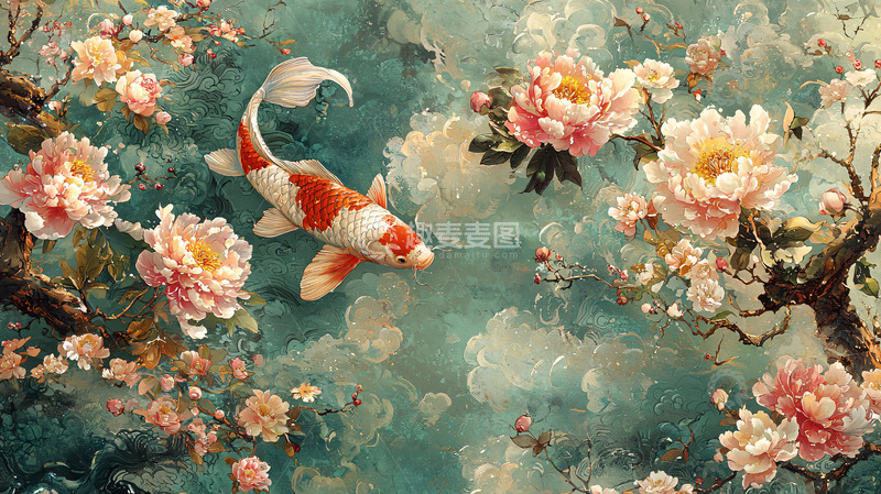 高清大图下载【趣麦麦图】锦鲤花卉水墨画