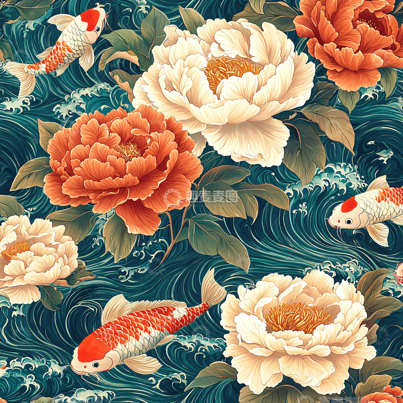 高清大图下载【趣麦麦图】锦鲤牡丹水墨画