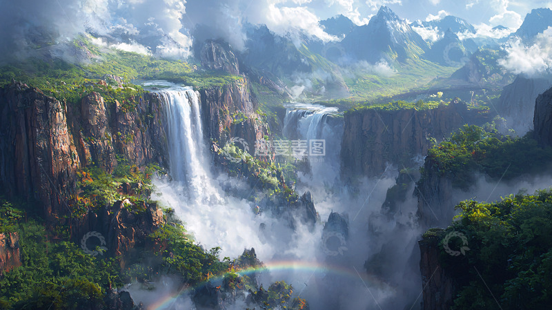 高清大图下载【趣麦麦图】壮丽山谷瀑布景观