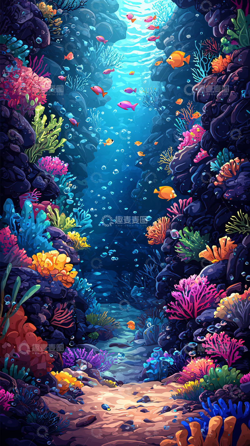 高清大图下载【趣麦麦图】海底珊瑚礁鱼群通道