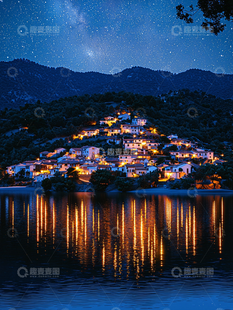 高清大图下载【趣麦麦图】夜晚湖边山坡上的小镇