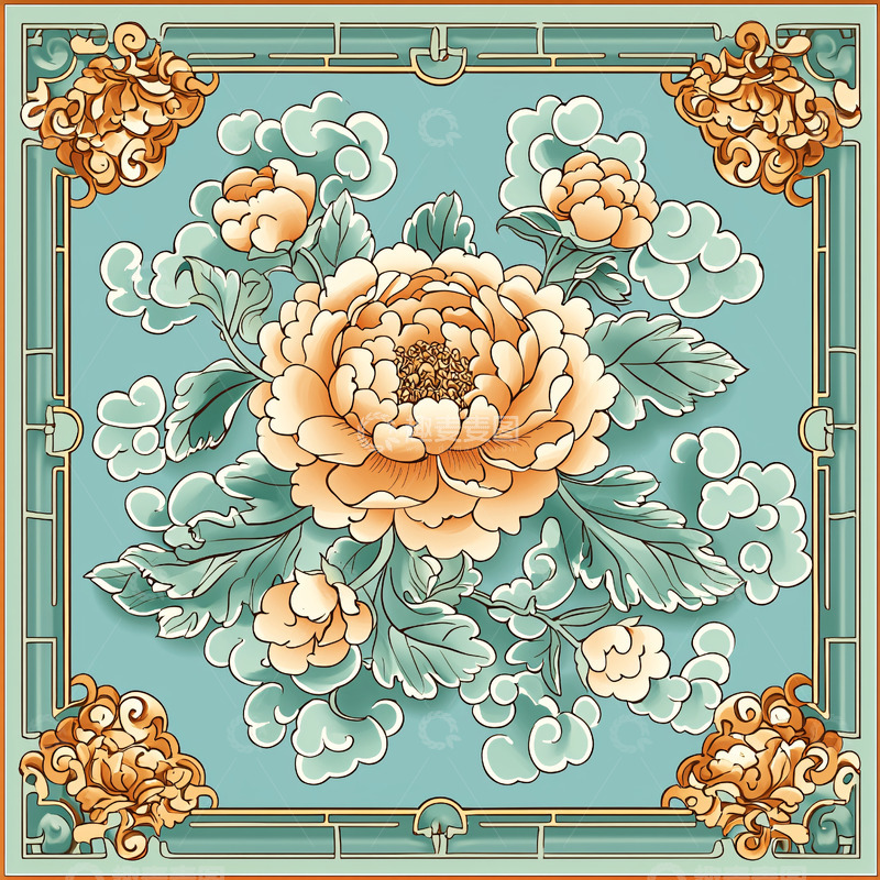 高清大图下载【趣麦麦图】奶油色牡丹花与云纹图案