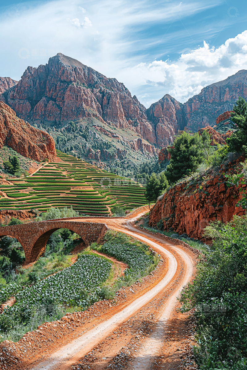 高清大图下载【趣麦麦图】红土山路梯田拱桥