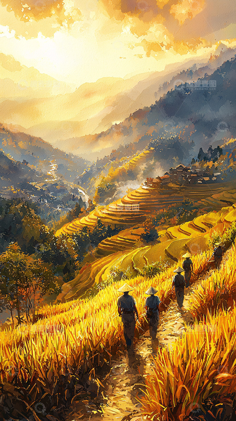 高清大图下载【趣麦麦图】金色稻田梯田农民行走