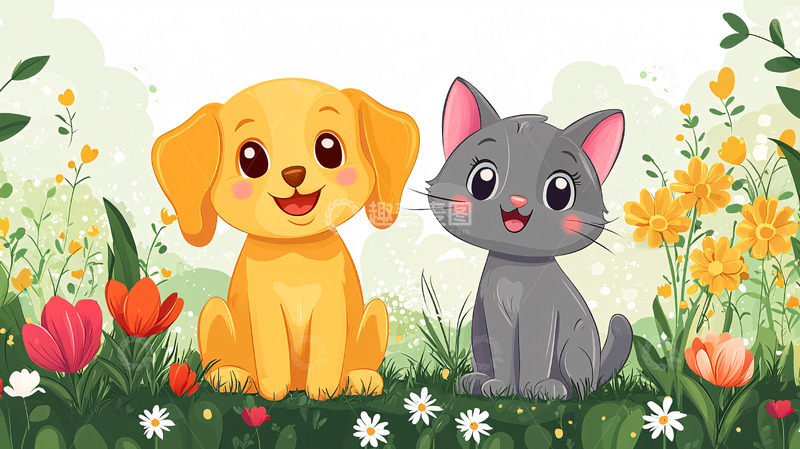 高清大图下载【趣麦麦图】-可爱小狗小猫花丛