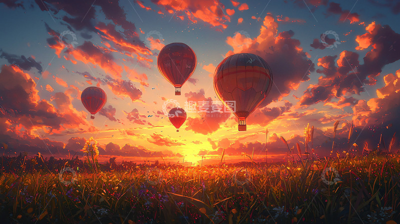 高清大图下载【趣麦麦图】日落热气球田野风景