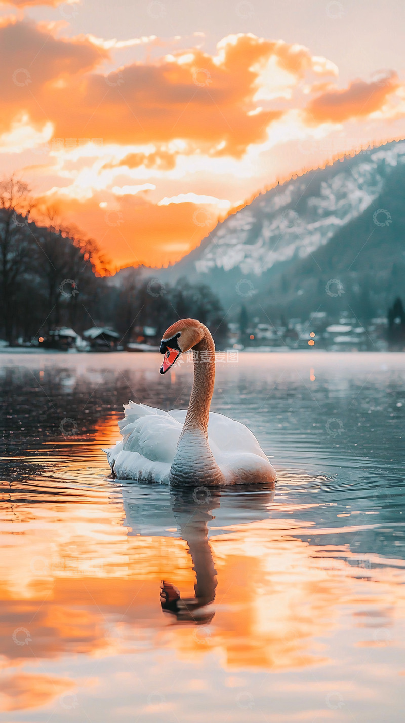 高清大图下载【趣麦麦图】日落湖面上的优雅天鹅