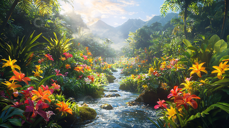 高清大图下载【趣麦麦图】热带雨林溪流鲜花山谷