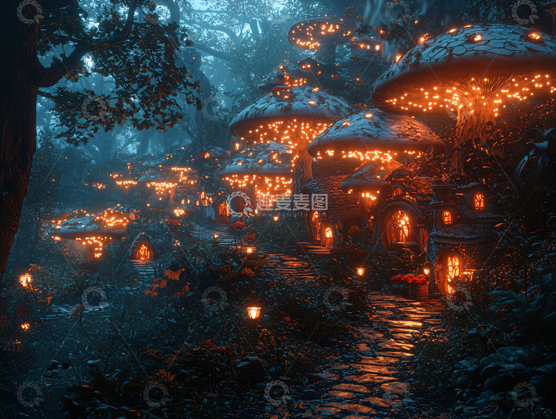 高清大图下载【趣麦麦图】奇幻森林中的蘑菇小屋夜景