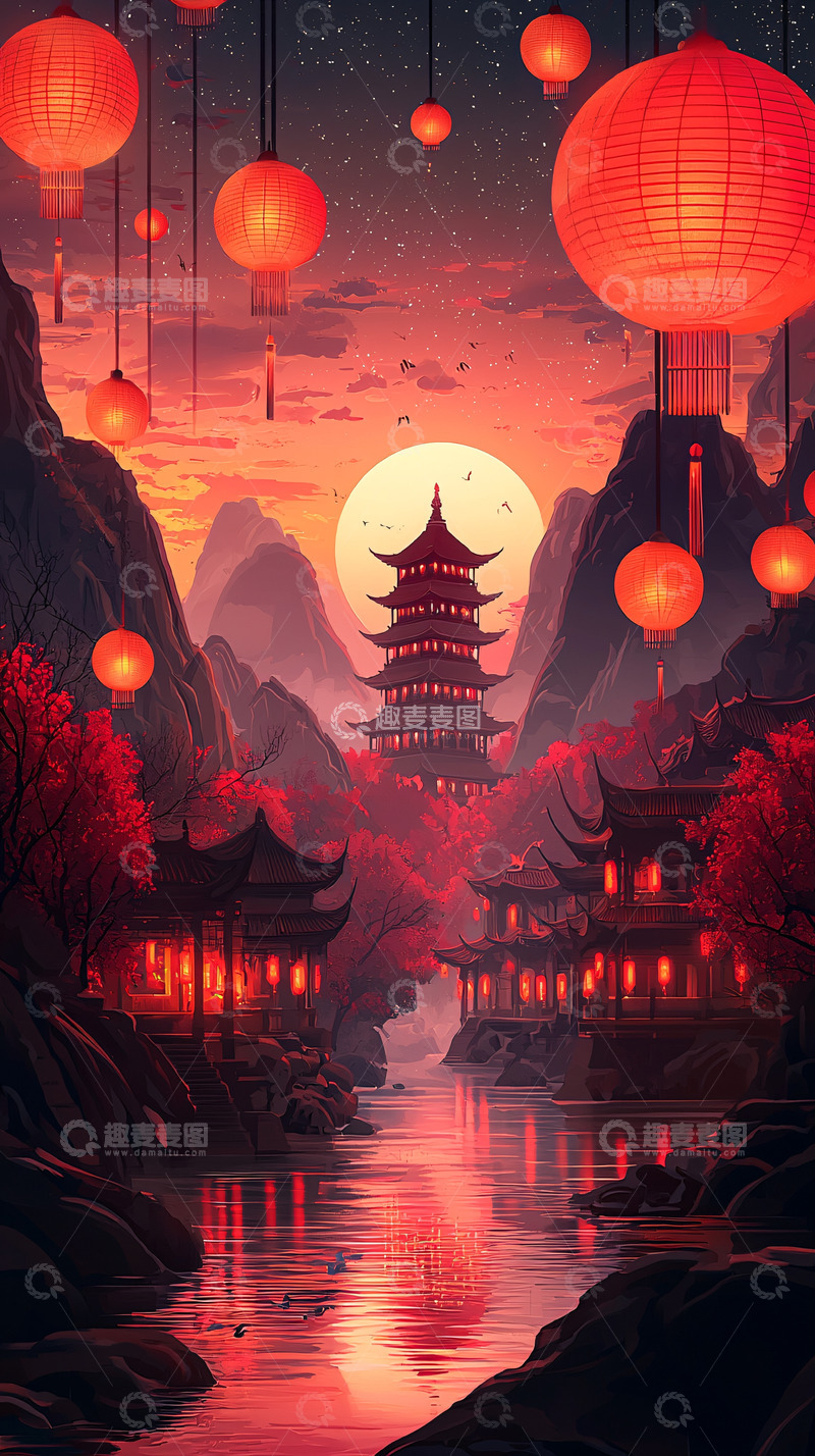 高清大图下载【趣麦麦图】红色灯笼下的中国古风建筑
