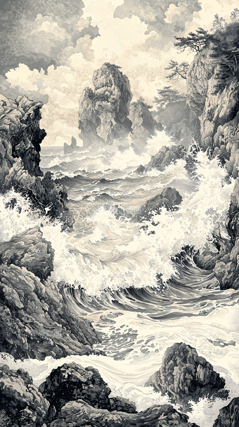 高清大图下载【趣麦麦图】黑白海浪拍打岩石