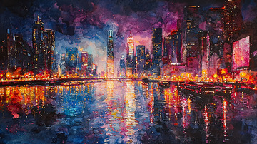 梦幻夜景城市倒影