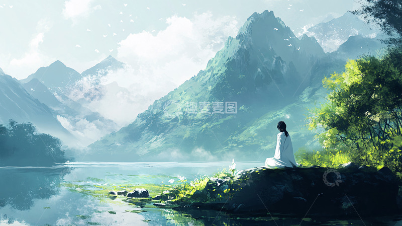 静谧山湖女子冥想