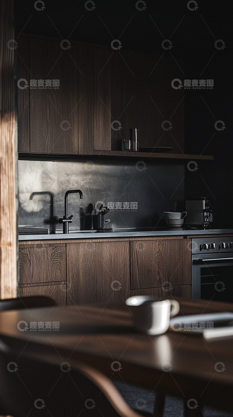 高清大图下载【趣麦麦图】暗色调木质现代厨房