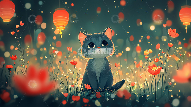 高清大图下载【趣麦麦图】小猫花田灯笼意境图