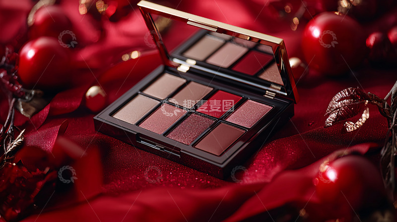 高清大图下载【趣麦麦图】红色丝绸背景上的眼影盘