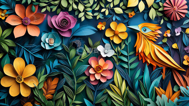 高清大图下载【趣麦麦图】色彩鲜艳的纸艺花鸟图