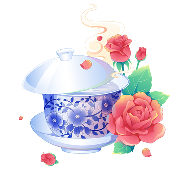 国风盖碗茶玫瑰花茶插画