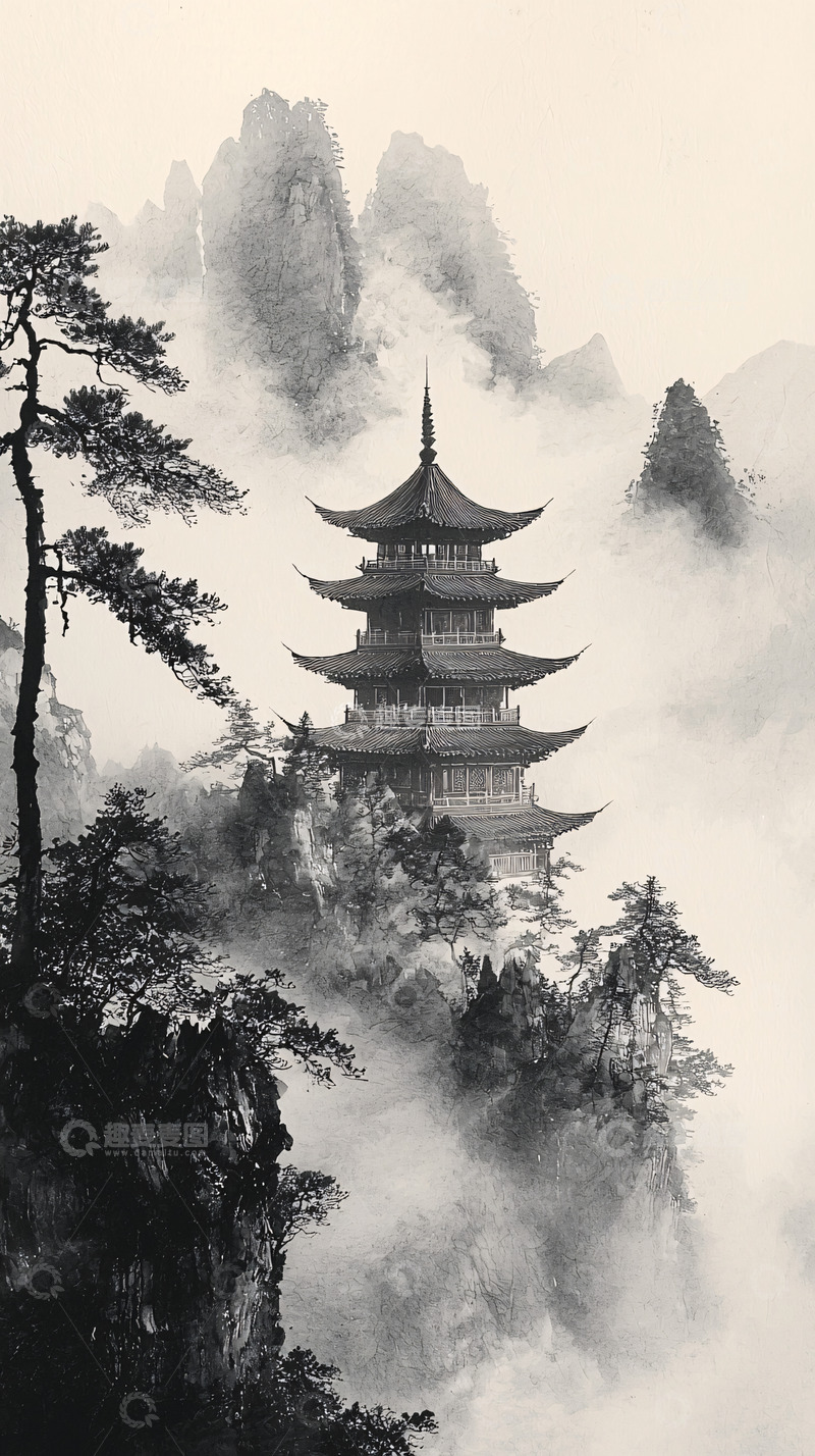 高清大图下载【趣麦麦图】山间雾气缭绕的古塔