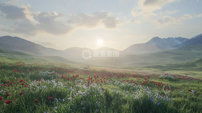高清大图下载【趣麦麦图】山脉草原日出花海