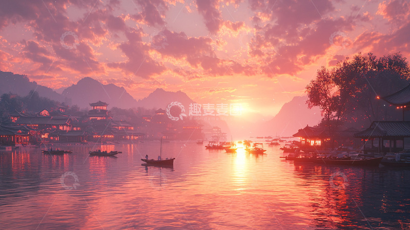 高清大图下载【趣麦麦图】唯美古风夕阳山水画