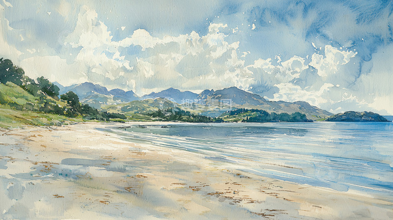 高清大图下载【趣麦麦图】水彩海滩山景