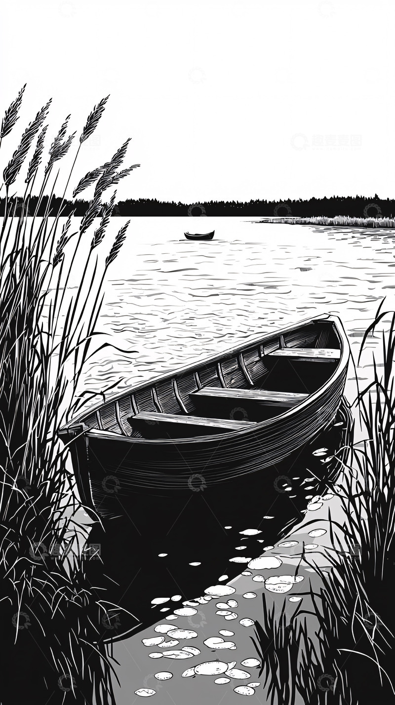 高清大图下载【趣麦麦图】黑白湖边小船