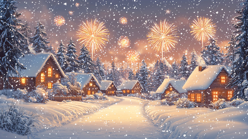 高清大图下载【趣麦麦图】冬夜雪景烟火小镇