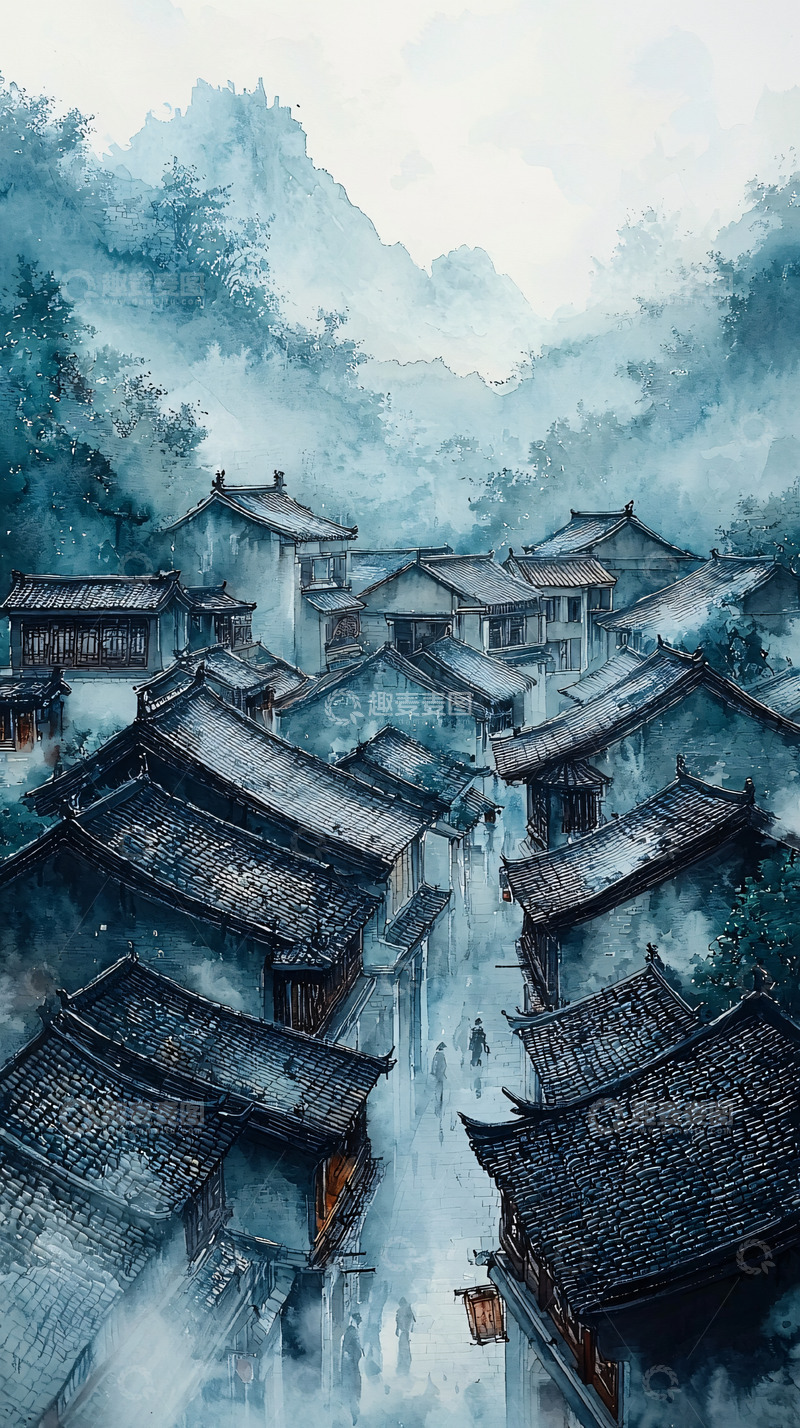 高清大图下载【趣麦麦图】水墨山水间的村落
