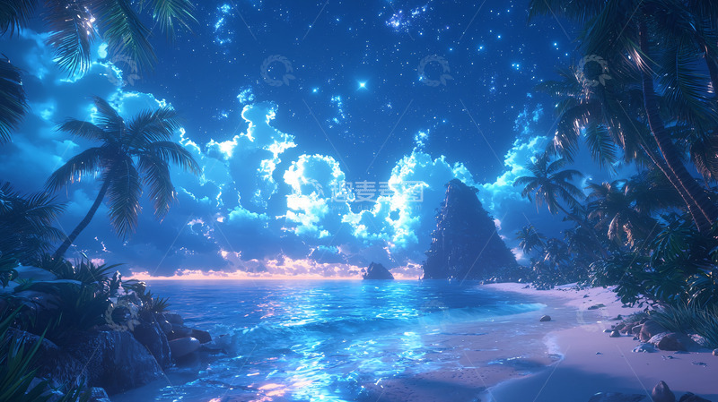 高清大图下载【趣麦麦图】梦幻蓝色海滩夜景