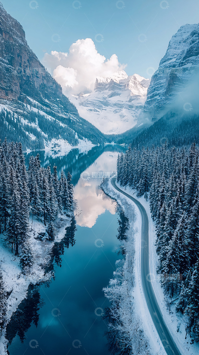 高清大图下载【趣麦麦图】冬季雪山湖泊公路风景