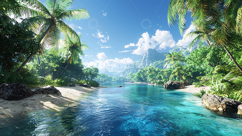 高清大图下载【趣麦麦图】热带海滩椰林溪流