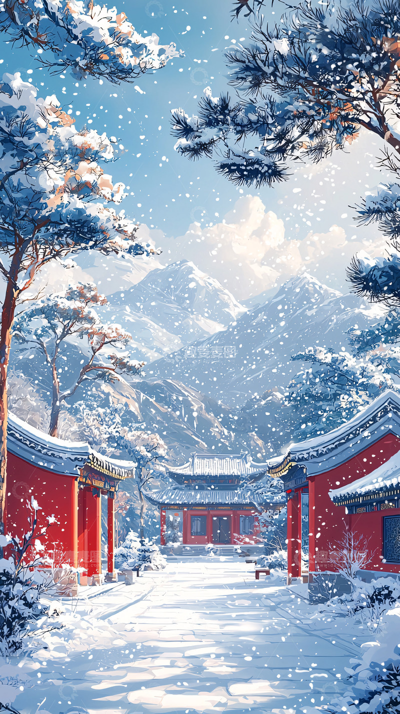 高清大图下载【趣麦麦图】雪山下的红色中式建筑