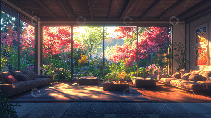 高清大图下载【趣麦麦图】阳光洒进客厅的落地窗