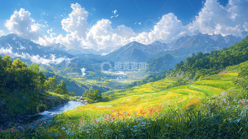 高清大图下载【趣麦麦图】壮丽山景下的绿色田野