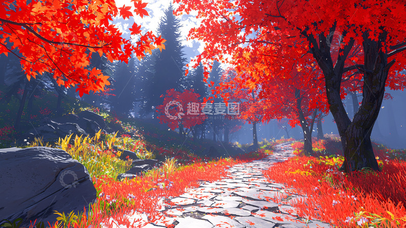 高清大图下载【趣麦麦图】红叶小路森林风景