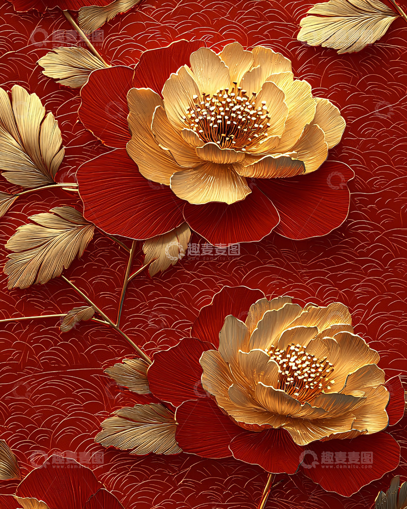 高清大图下载【趣麦麦图】金箔牡丹花纹壁纸