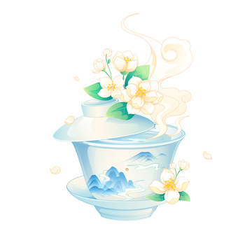 国风盖碗茶插画茉莉花茶插画