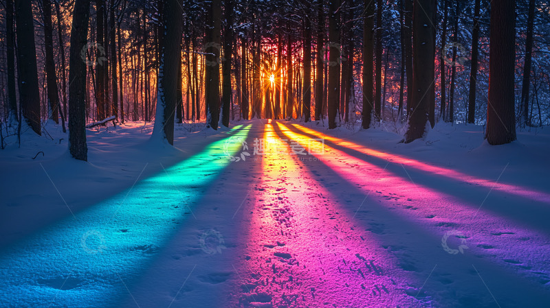 高清大图下载【趣麦麦图】梦幻森林雪地彩虹光