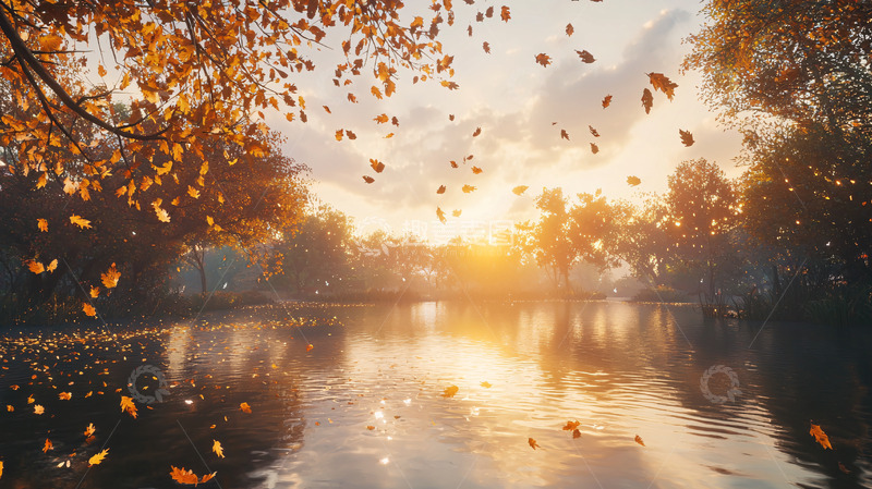 高清大图下载【趣麦麦图】秋日落叶水面日落