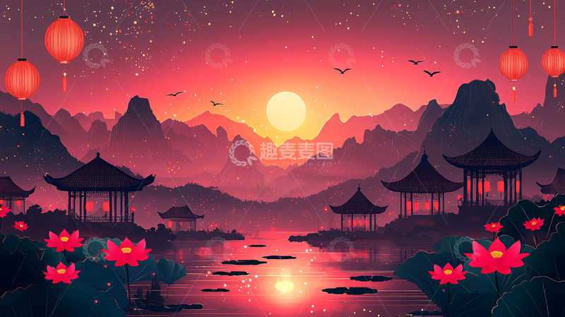 高清大图下载【趣麦麦图】日落山水画