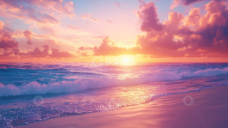 高清大图下载【趣麦麦图】粉色天空海边日落