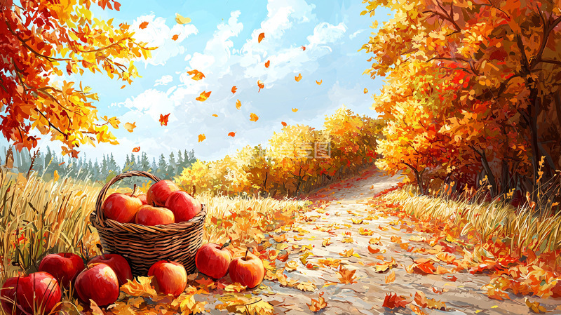 高清大图下载【趣麦麦图】秋日田园小路苹果丰收